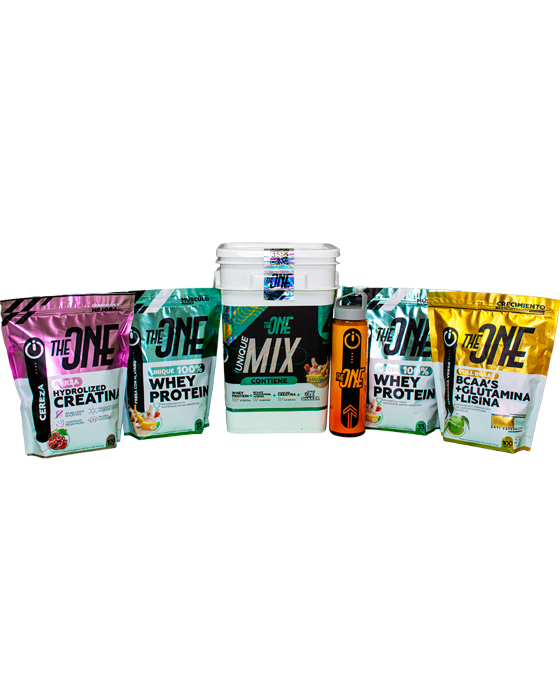 UNIQUE MIX FULL PACKAGE by THEONE - Suplementación completa con Whey Protein, BCAA’s, Glutamina, Creatina y Shaker exclusivo para maximizar tu entrenamiento.