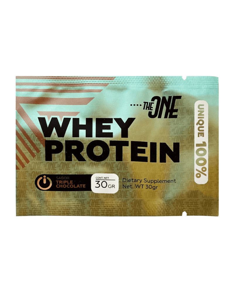 UNIQUE 100% WHEY PROTEIN TRIPLE CHOCOLATE 30g by THEONE - Proteína de rápida absorción para desarrollo muscular con sabor a fresa.