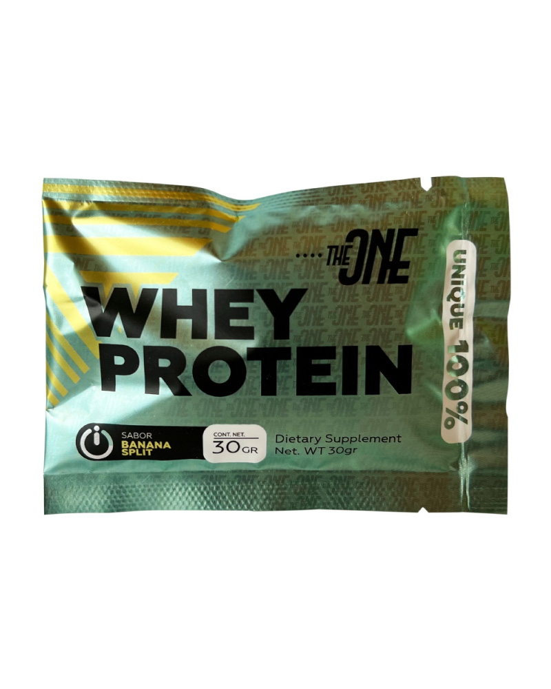 UNIQUE 100% WHEY PROTEIN TRIPLE BANANA SPLIT by THEONE - Proteína de suero de leche para desarrollo muscular con sabor a banana split.