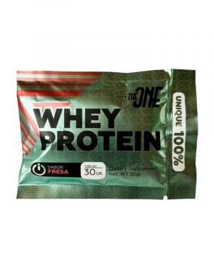 UNIQUE 100% WHEY PROTEIN FRESA 30g by THEONE - Proteína de rápida absorción para desarrollo muscular con sabor a fresa.