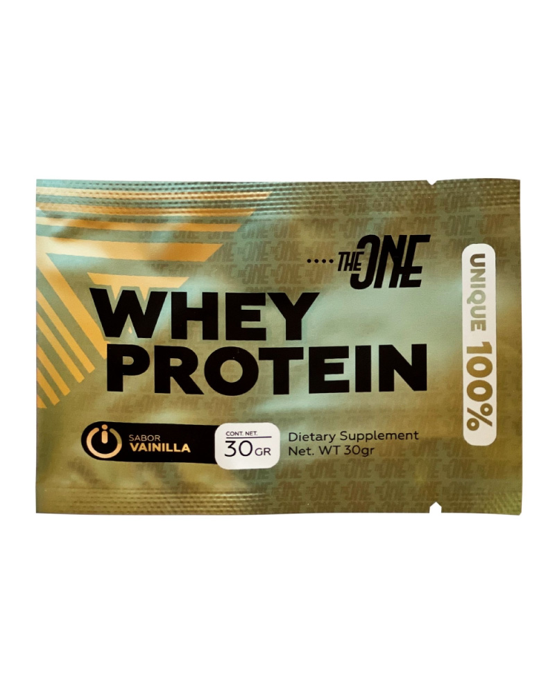 UNIQUE 100% WHEY PROTEIN TRIPLE VAINILLA 30g by THEONE - Proteína de rápida absorción para desarrollo muscular con sabor a fresa.