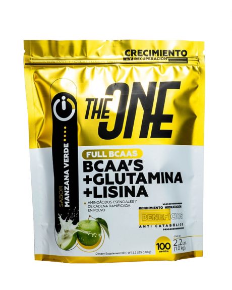 FULL BCAA'S MANZANA VERDE 1KG by THEONE - Aminoácidos esenciales con glutamina y lisina para recuperación y crecimiento muscular.