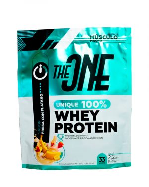 UNIQUE 100% WHEY PROTEIN FRESA CON PLÁTANO by THEONE - Proteína de suero de leche para desarrollo muscular con delicioso sabor.
