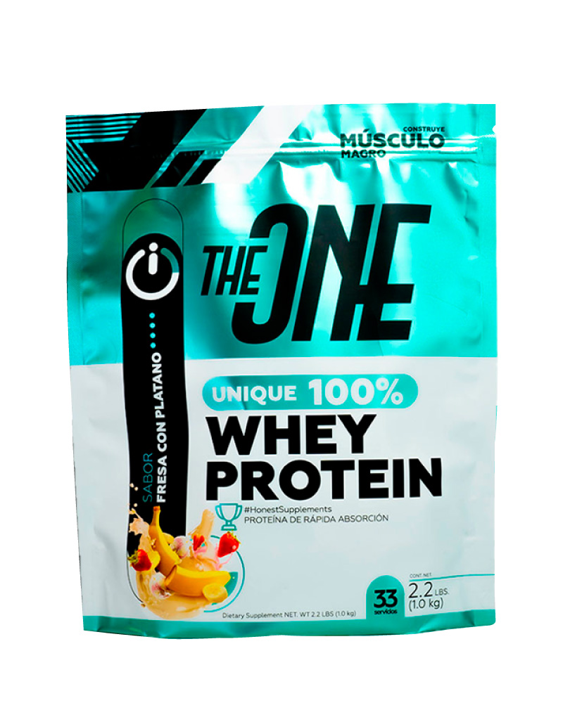 UNIQUE 100% WHEY PROTEIN FRESA CON PLÁTANO by THEONE - Proteína de suero de leche para desarrollo muscular con delicioso sabor.