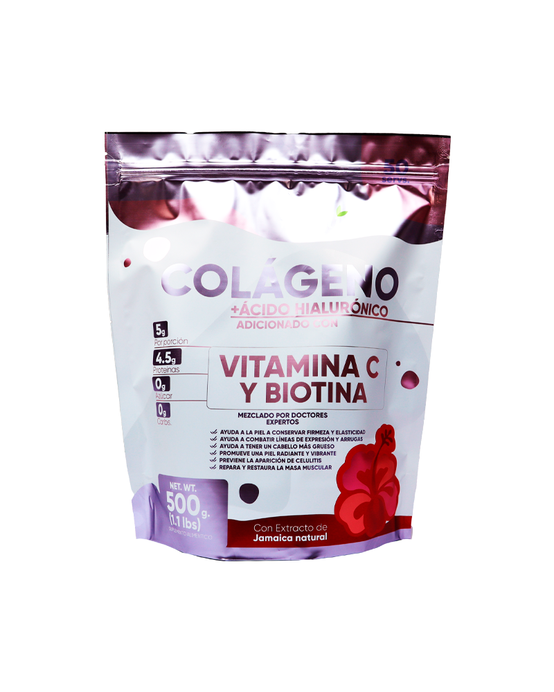 Colágeno con Ácido Hialurónico adicionado con Vitamina C y Biotina.