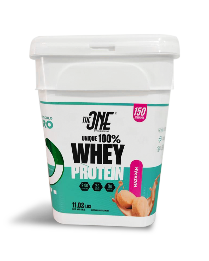 Cubeta UNIQUE 100% WHEY PROTEIN MAZAPÁN by THEONE - Proteína de suero de leche para desarrollo muscular con sabor a mazapán.