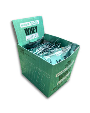 Caja de sobres UNIQUE 100% WHEY PROTEIN by THEONE - Proteína de suero de leche para desarrollo muscular y rápida recuperación.